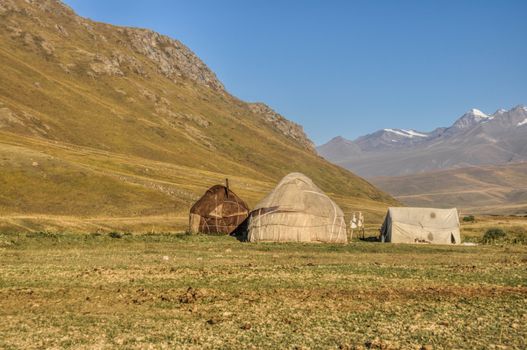 Yurts of nomads on green grasslands in Kyrgyzstan