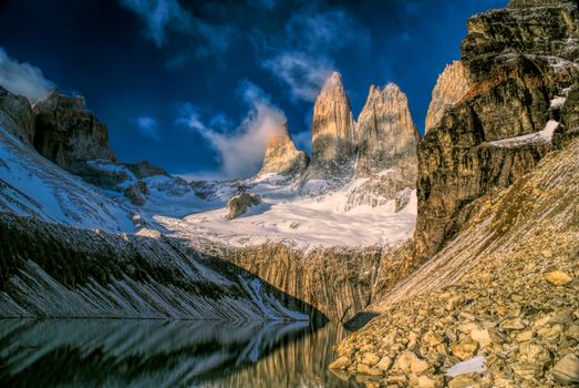 Beautiful dramatic view of Torres del Paine in south American Andes                   
