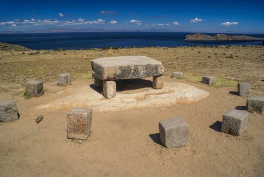 Ancient stones on Isla del Sol, island on lake Titicaca in Bolivia