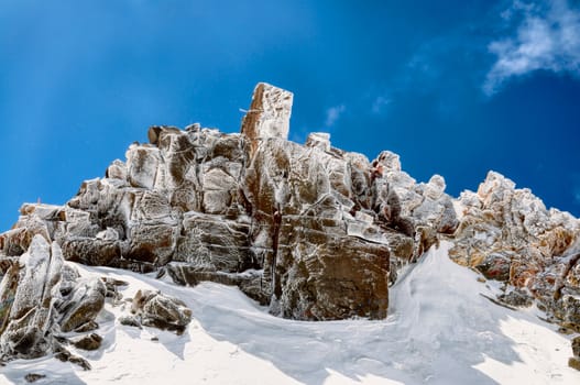 Frozen rock formations on Sabalan volcano in northern Iran