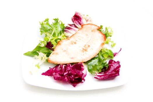 Chicken and salad on plate on white background