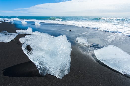 Beautiful beach in the South of Iceland with a black lava sand is full of icebergs from glaciers not far away