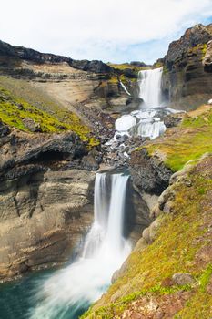 Beautiful Icelandic waterfall Ofaerufoss in Eldgja. It is located on the South of the island.
