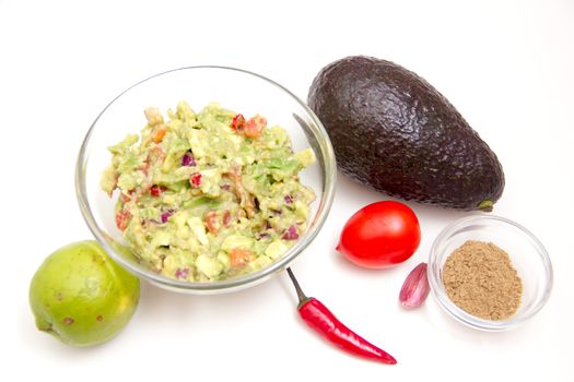 Salsa and Guacamole ingredients on white background