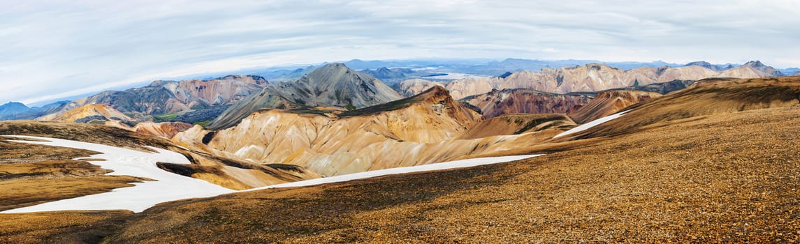 Beautiful multicolored mountains at Landmannalaugar, Iceland. Panoramic photo