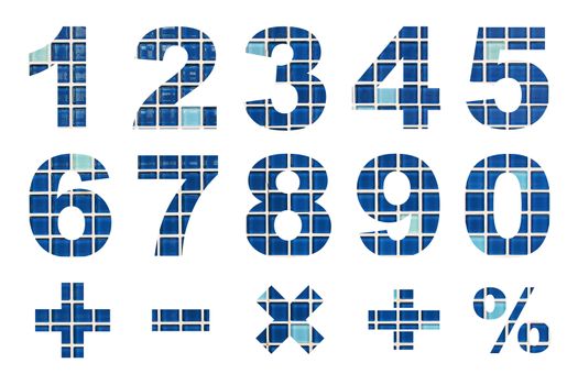 one to zero numbers and basic mathematical symbols made from mosaic tiles picture