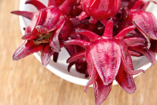 group of fresh roselle flower background.Roselle calyces are harvested fresh to produce pro-health drink.