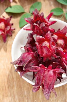 group of fresh roselle flower background.Roselle calyces are harvested fresh to produce pro-health drink.