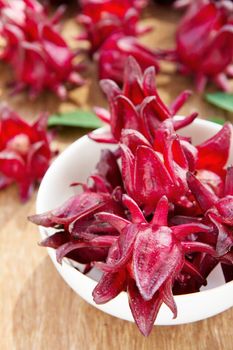 group of fresh roselle flower background.Roselle calyces are harvested fresh to produce pro-health drink.