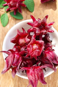 group of fresh roselle flower background.Roselle calyces are harvested fresh to produce pro-health drink.