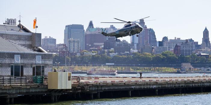 New York City, USA-October 5, 2014: Sikorsky VH-3D. Marine Helicopter Squadron One (HMX-1), is a squadron responsible for the transportation of the President of the United States, Vice President, Cabinet members and other VIPs. Taken in Manhattan Heliport