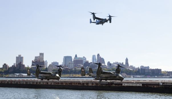 New York City, USA-October 5, 2014: MV-22 Osprey. Marine Helicopter Squadron One (HMX-1), is a squadron responsible for the transportation of the President of the United States, Vice President, Cabinet members and other VIPs. Taken at Manhattan Heliport