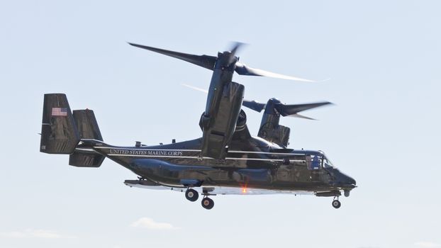 New York City, USA-October 5, 2014: MV-22 Osprey. Marine Helicopter Squadron One (HMX-1), is a squadron responsible for the transportation of the President of the United States, Vice President, Cabinet members and other VIPs. Taken in New York Manhattan
