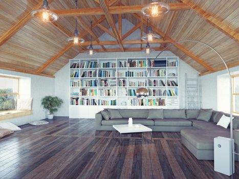 beautiful modern attic interior 3d design concept. Realistic DOF effect
