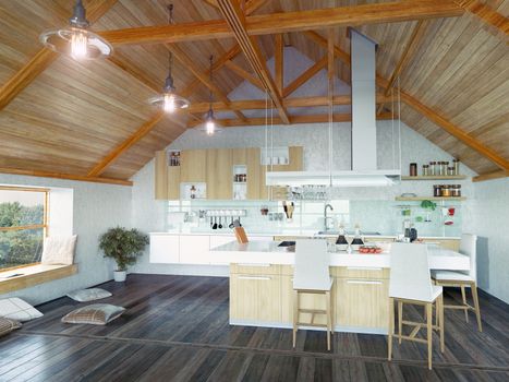 modern kitchen interior with  island in the attic (3d design concept) 