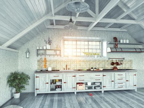 modern kitchen interior with  island in the attic (3d design concept) 