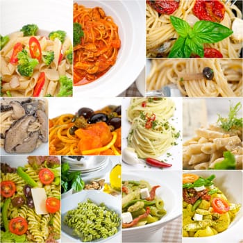 collection of different type of Italian pasta on collage white frame