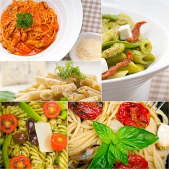 collection of different type of Italian pasta on collage white frame