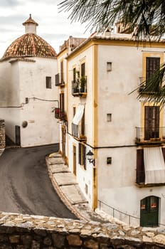 Views inside the old town of Ibiza Town with picturisque old buildings.