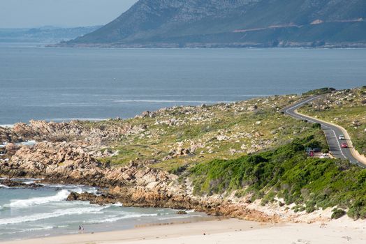 The road to Rooi Els on False Bay, with the Rooi Els Beach in the foreground, and Somerset West in the top left.