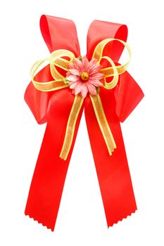 red color bow and artificial flower on white background (isolated)