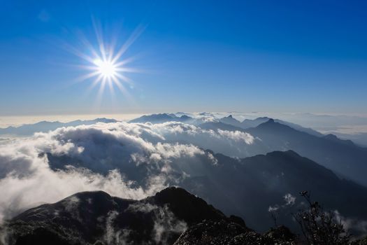 sunset behind mountains Landscape of Fansipan Summit