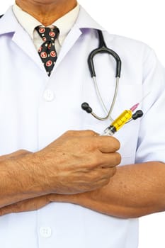 asian doctor is holding syringe on white background