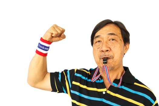 old aged thai man blow a whistle and fist (resist thailand government) on white background (isolated) and blank area at left side