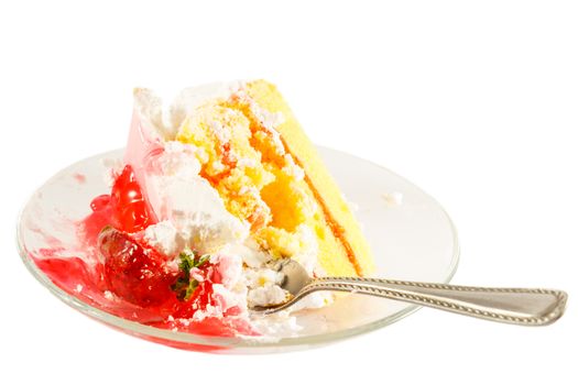 Strawberry cake with white cream was eaten by someone (isolated)