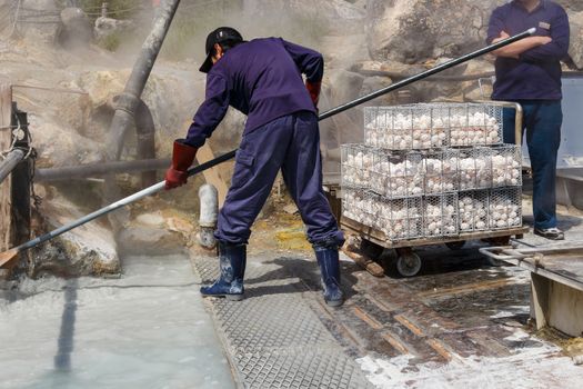 Worker is boiling eggs in mineral water at Owakudani valley ( volcanic valley with active sulphur vents and hot springs in Hakone, Kanagawa Prefecture, Japan)