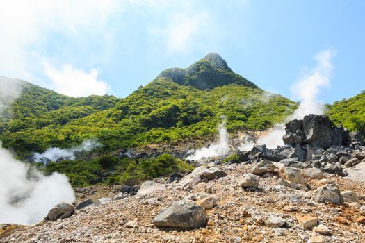 Owakudani valley ( volcanic valley with active sulphur and hot springs in Hakone, Kanagawa , Japan)