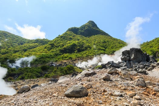 Owakudani valley ( volcanic valley with active sulphur and hot springs in Hakone, Kanagawa , Japan)