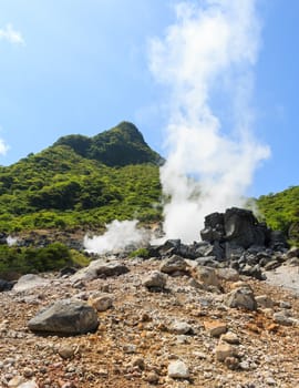 Owakudani valley ( volcanic valley with active sulphur and hot springs in Hakone, Kanagawa , Japan)