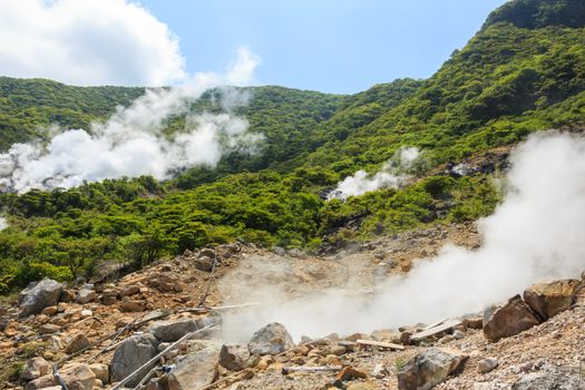 Owakudani valley ( volcanic valley with active sulphur and hot springs in Hakone, Kanagawa , Japan)