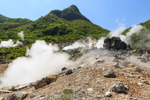 Owakudani valley ( volcanic valley with active sulphur and hot springs in Hakone, Kanagawa , Japan)