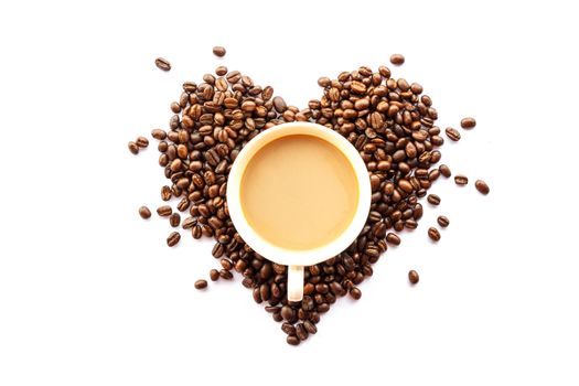 heart shaped of coffee beans and cup on white background(isolated)