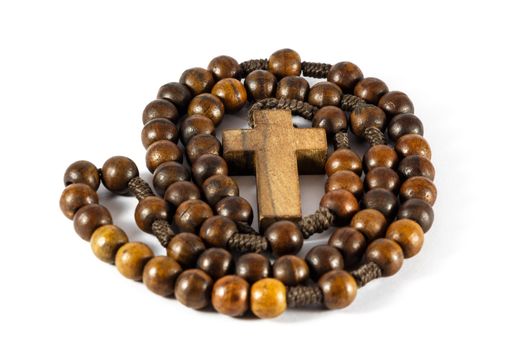 wood rosary in round shape and cross on white background(isolated)