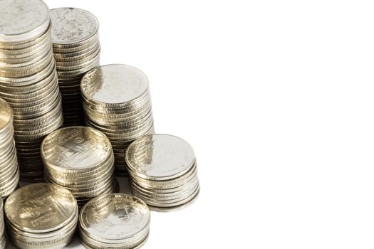 group of thai coins on white background(isolated) and blank area at right side