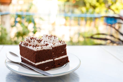 chocolate cakes with white cream on top and spoon on plate in house and plant at background