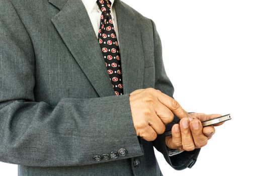 old aged thai businessman is playing mobile and blank area at right side on white background(isolated)
