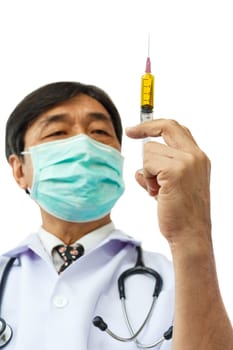 asian doctor is holding syringe on white background and blank area at upper side