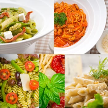 collection of different type of Italian pasta on collage white frame