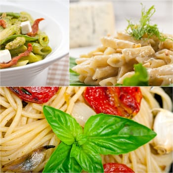 collection of different type of Italian pasta on collage white frame