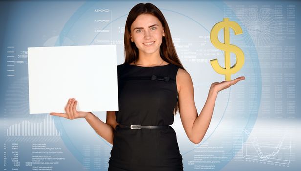 Businesswoman smiling and holding gold dollar symbol and blank paper sheet. Hi-tech graphs as backdrop. Business concept