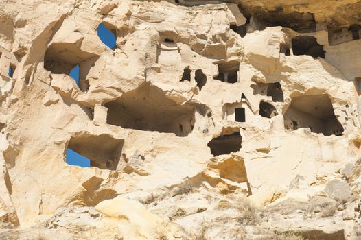 Detail of the ancient castle of Cavusin dug from a mountains, Cappadocia, Turkey