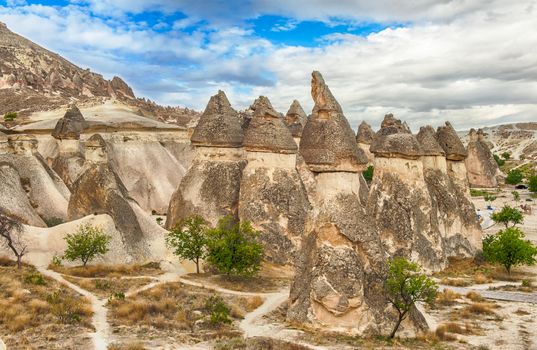 Fairy tale chimney rocks in Pasabg (Monk) Valley in Cappadocia, Turkey