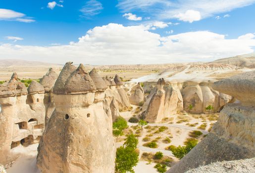 Fairy tale chimney rocks in Pasabg (Monk) Valley in Cappadocia, Turkey