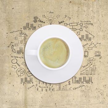Business strategy infographics option drawn around coffee cup, on smooth stone surface, top view