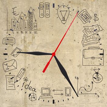 Business concept drawing around clock dial, on smooth stone surface, top view