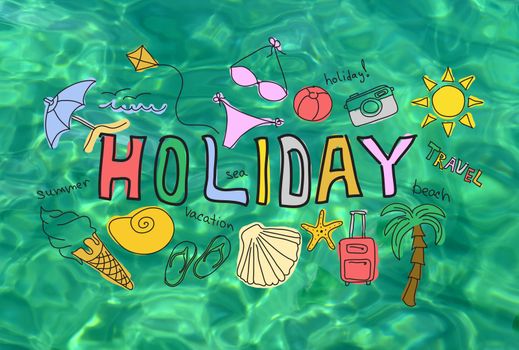 Summer holiday vacation concept, assorted items and words on green sea water background